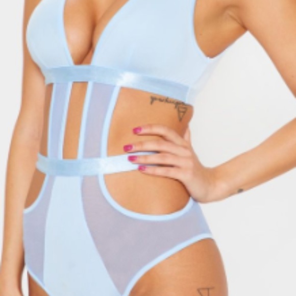 PrettyLittleThing Tops - Plunging Blue Mesh Bodysuit | PLT